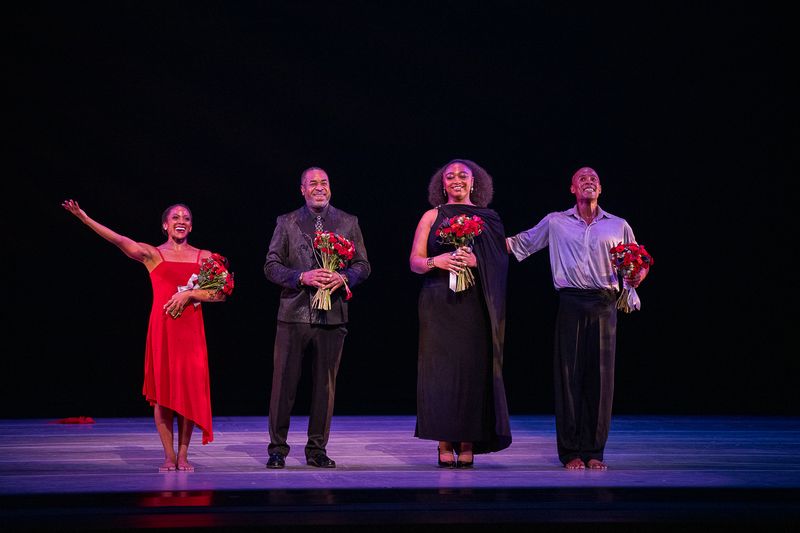 Alvin Ailey American Dance Theater's Jacquelin Harris and Yannick Lebrun with Samara Joy and Damien Sneed, curtain call for Judith Jamison's A Case of You. 2025 Opening Night Gala