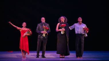 Alvin Ailey American Dance Theater's Jacquelin Harris and Yannick Lebrun with Samara Joy and Damien Sneed, curtain call for Judith Jamison's A Case of You. 2025 Opening Night Gala