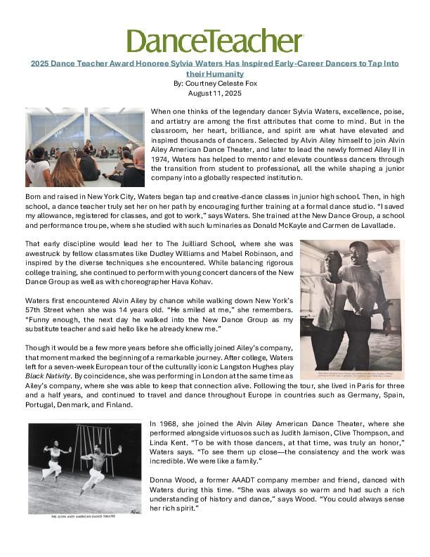 DanceTeacher_AileyII_SylviaWaters_2025DanceTeacherAwardHonoree_Feature_08.11.25