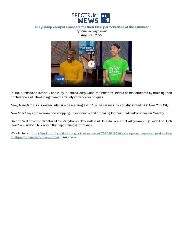 NY1_SpectrumNews_AIE_AileyCamp_DamaziWilliams_ReiJidai_Broadcast_8.8.25