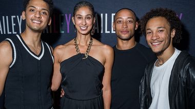 Artistic Director Alicia Graf Mack with AAADT's new company members Sebastian Garcia, Donnie Duncan Jr., and Mason Evans