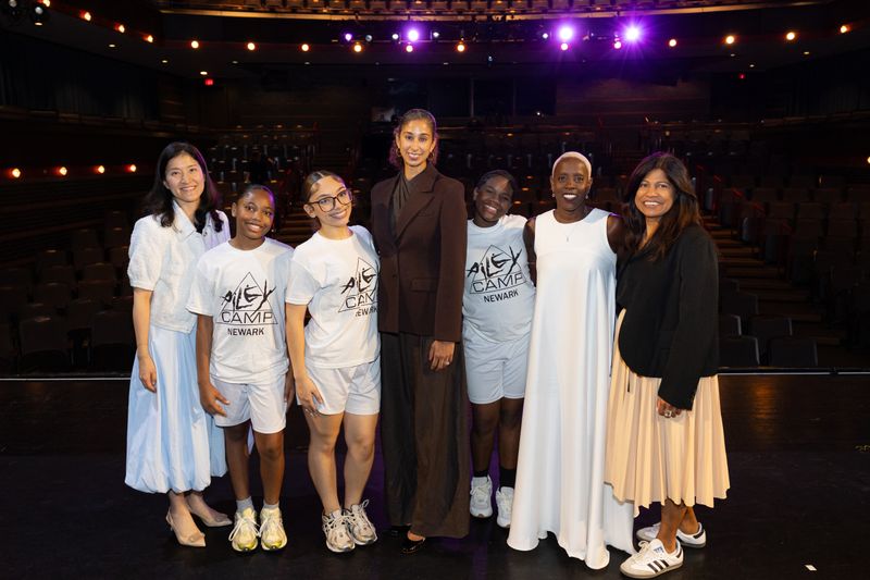 AileyCamp National Director Nasha Thomas with Alvin Ailey American Dance Theater's Artistic Director Alicia Graf Mack and Prudential Financial's Sarah Key and Lata Reddy with AileyCamp Newark participants