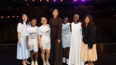 AileyCamp National Director Nasha Thomas with Alvin Ailey American Dance Theater's Artistic Director Alicia Graf Mack and Prudential Financial's Sarah Key and Lata Reddy with AileyCamp Newark participants