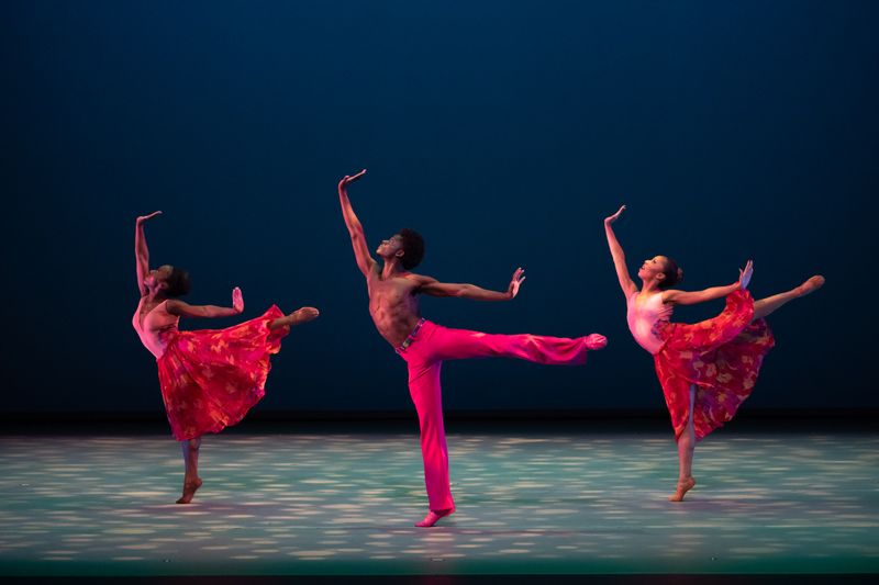 Ailey II's A. Smalls, K. Abu, and J. Colotroc in Alvin Ailey's Flight Time. Photo by Nir Arieli