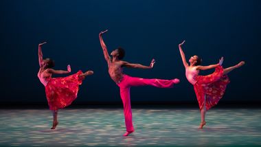 Ailey II's A. Smalls, K. Abu, and J. Colotroc in Alvin Ailey's Flight Time. Photo by Nir Arieli