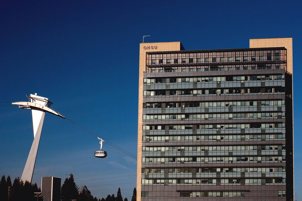 Portland Aerial Tram passing the Center for Health and Healing