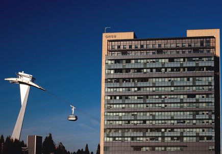 Portland Aerial Tram passing the Center for Health and Healing