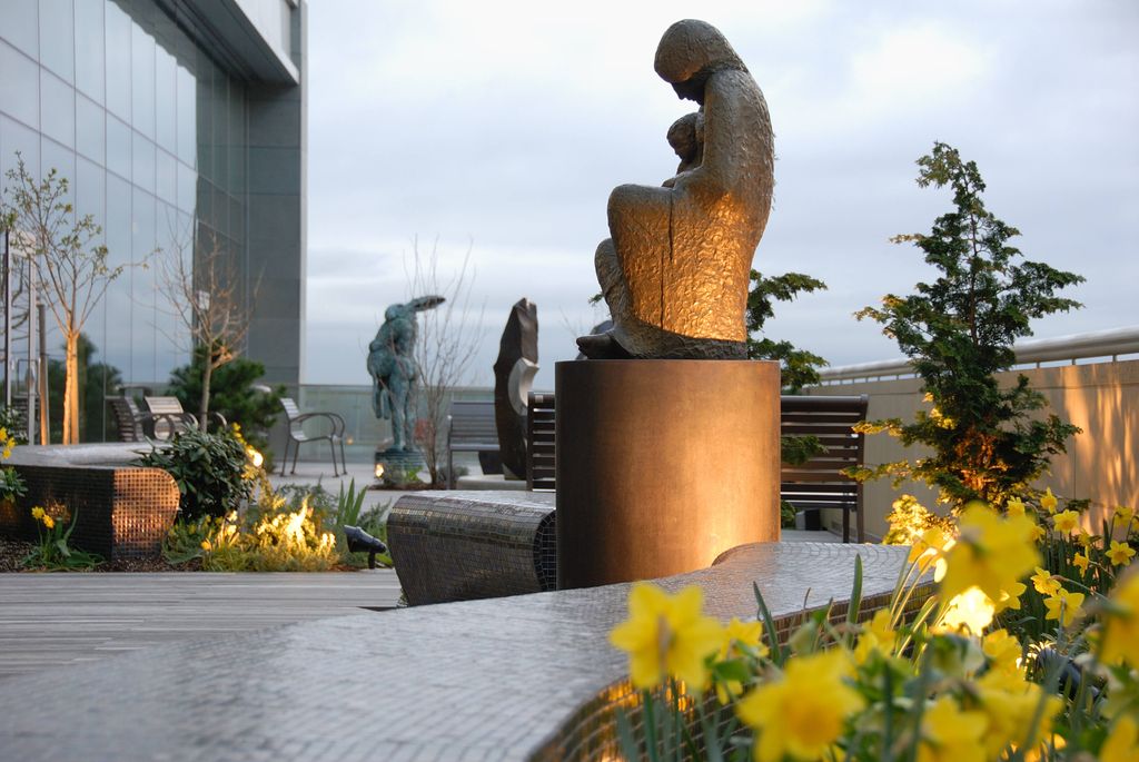 Sculptures on terrace of Peter O. Kohler Pavilion