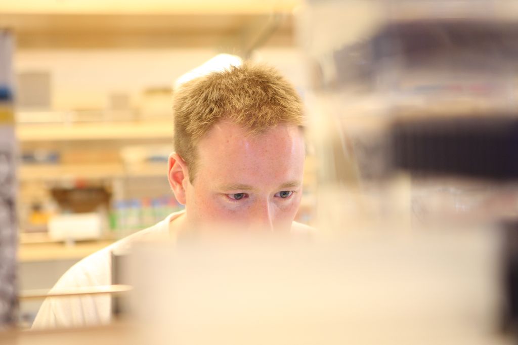 Jeffrey Tyner, Ph.D., lab setting. Jeffrey Tyner, Ph.D., above, Steven Mansoor, M.D., Ph.D., and&nbsp;Jamie Lo, M.D., MCR,&nbsp;are the first recipients of the new Faculty Excellence and Innovation Award. (OHSU)