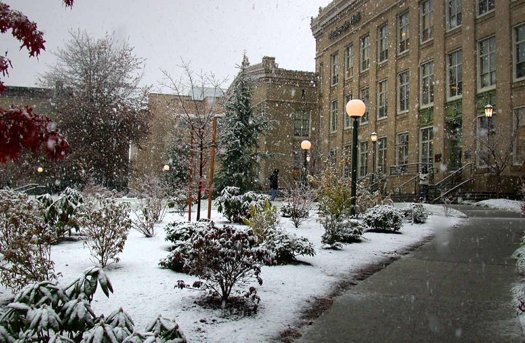 Mackenzie Hall in snowfall.