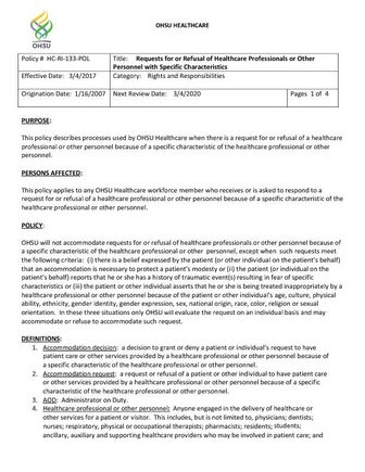 OHSU policy for request/refusal of healthcare professional