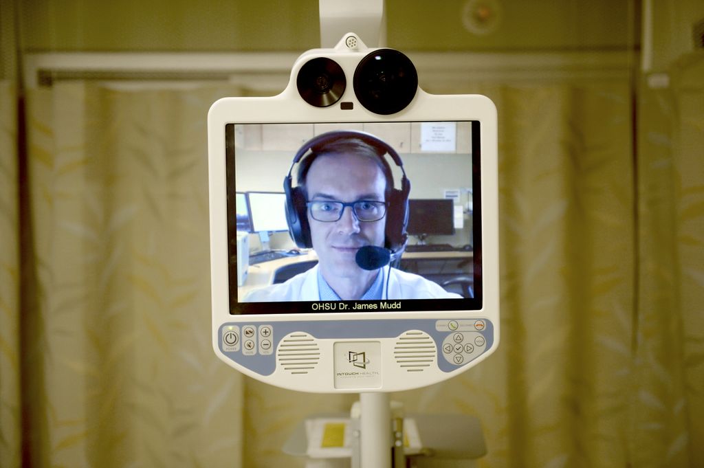 a telemedicine screen, with a doctor wearing a headset and communicating with patient through the device