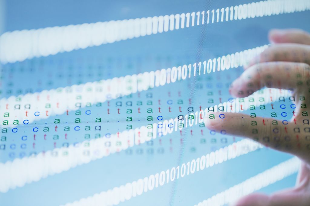 illustration showing a blue screen with genome sequencing letters, and a hand pointing to the letters