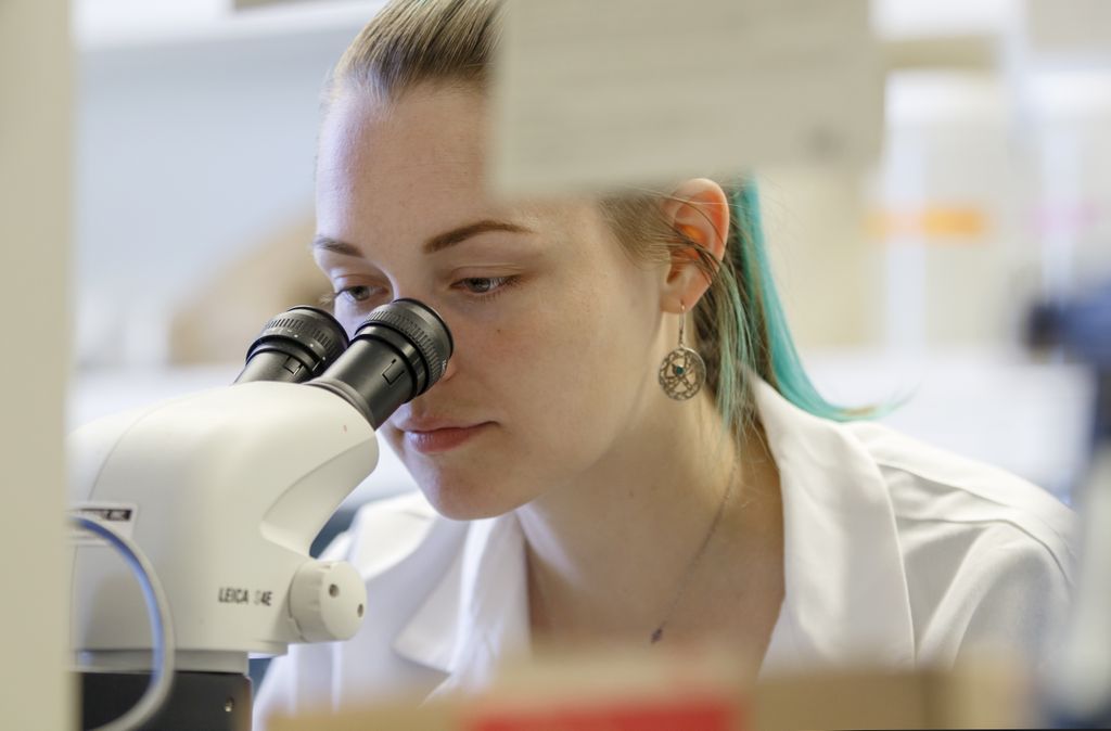 woman looking into a microscope