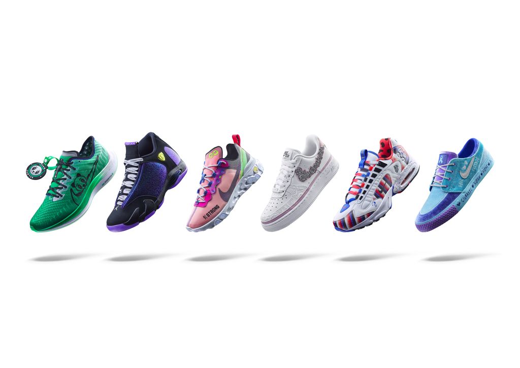 six shoes, lined up horizontally and floating against a white background