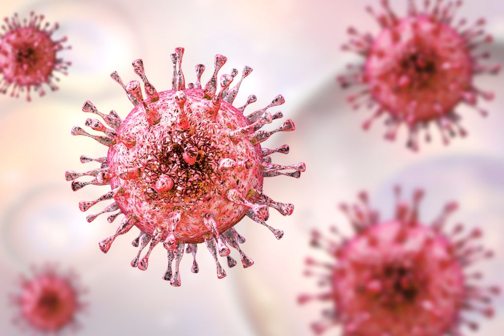 graphic illustration of the virus, a ball covered with sharp long spines