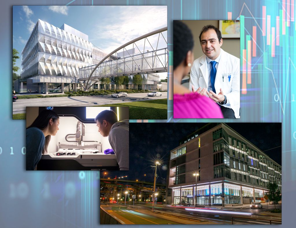 illustration showing both knight cancer buildings, and clinicians, at UO and OHSU