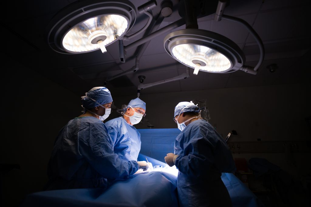 three medical staff, including a surgeon, at the operating table, dressed in blue