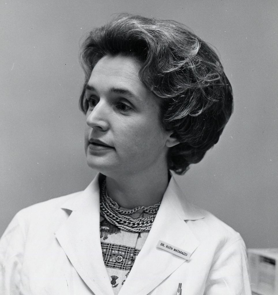Black and white headshot of Dr. Ruth Matarazzo, a caucasian woman in a white lab coat