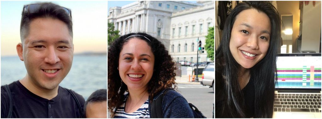 headshots of three students, asian man with short black hair, caucasian woman with curly hair, asian woman with long black hair