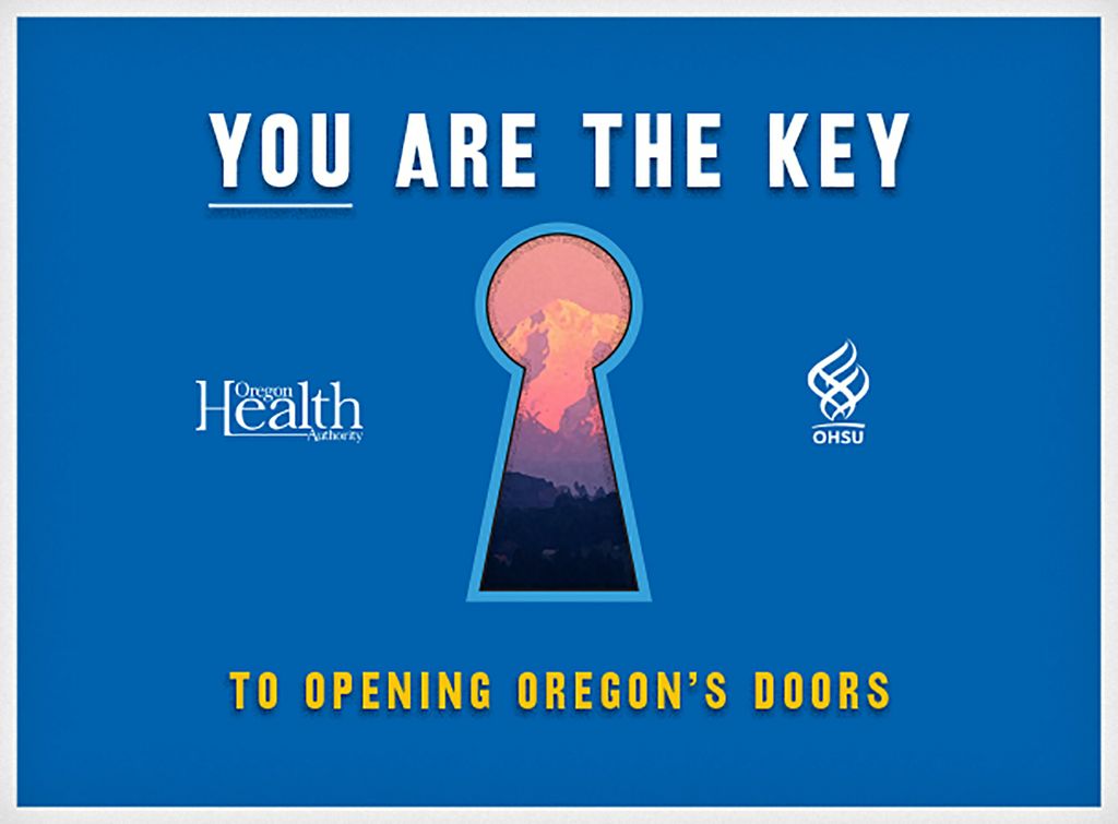 a graphic of a keyhole with mount hood visible through it, graphic says you are the key