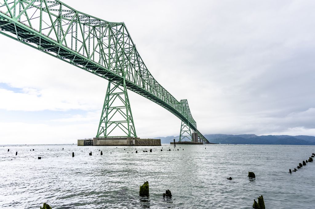 scenic shot of the mouth of the Columbia River with a large bridge span crossing it