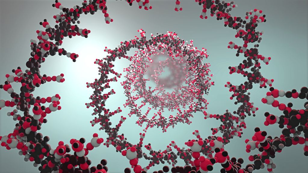 colorful red swirls on a light blue back ground, illustrating RNA construction
