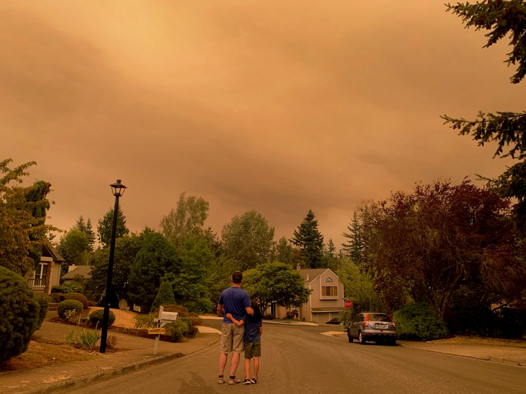 man and child, seen from behind, arm in arm, looking at red-colored smokey sky