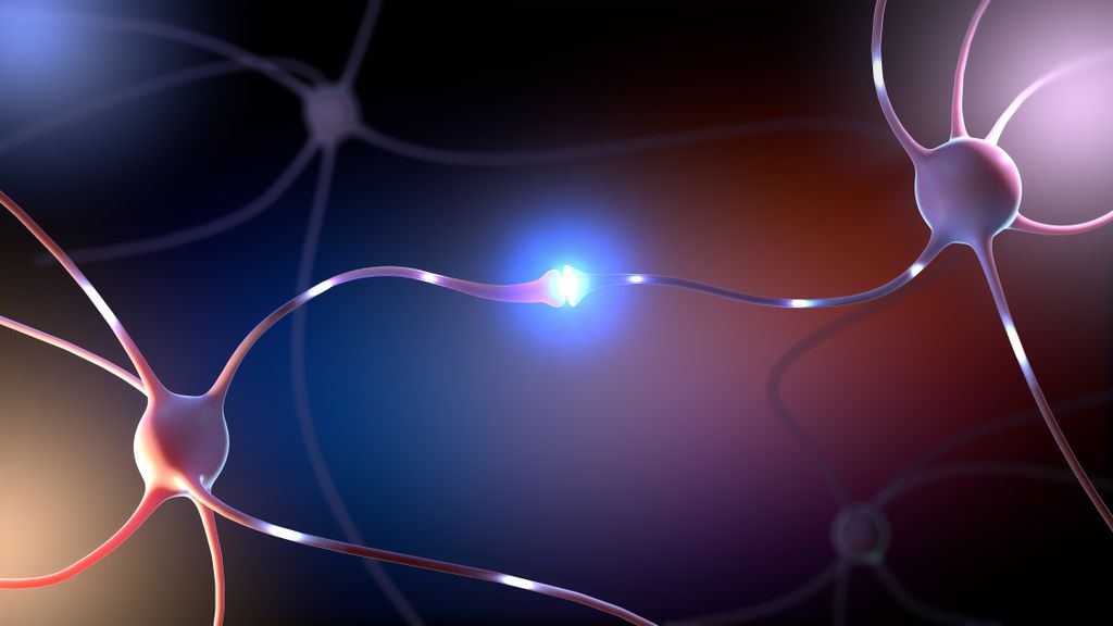 illustration of a brain synapse firing, in blues and purples