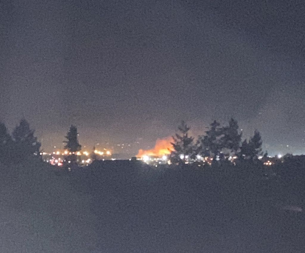 A wildfire burns along the horizon in the distance, with a dark sky; trees are seen in silhouette.