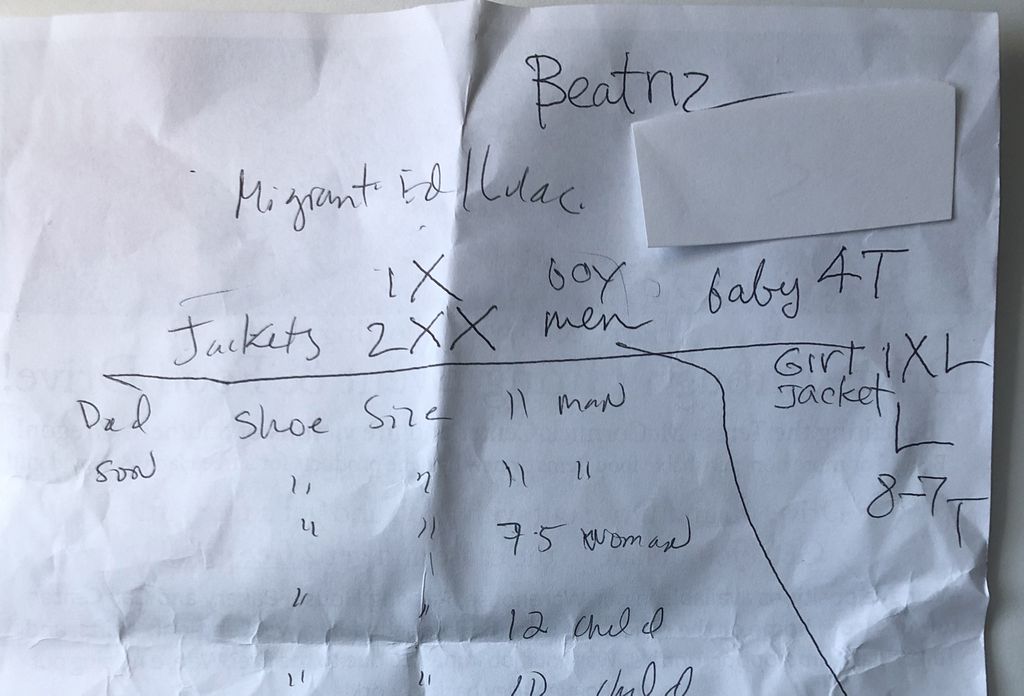White paper with hand-written notes about a family's needed items.