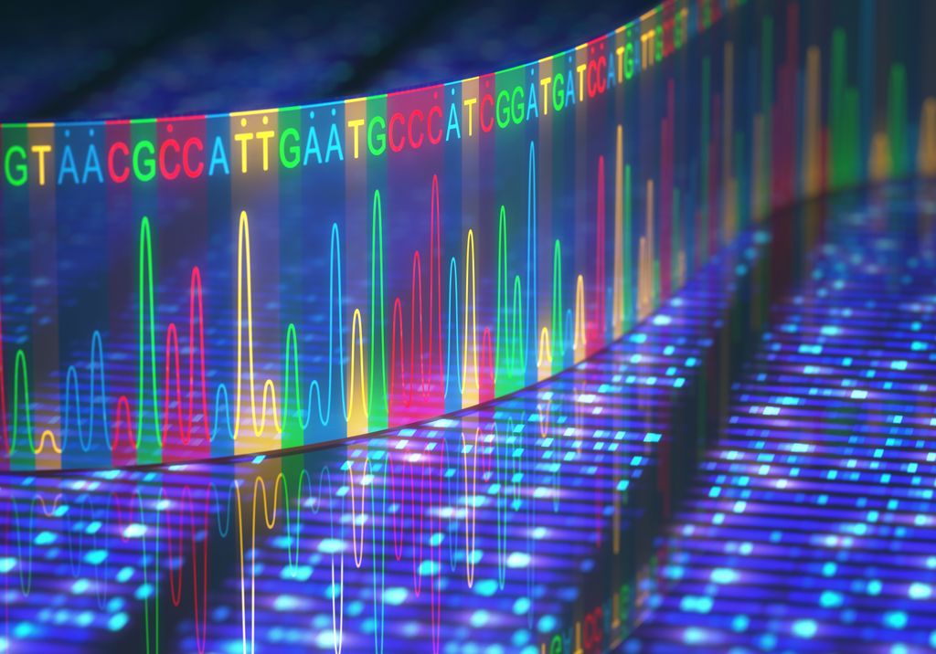 3d illustration of genetic sequencing in blue, red, yellow and green. 