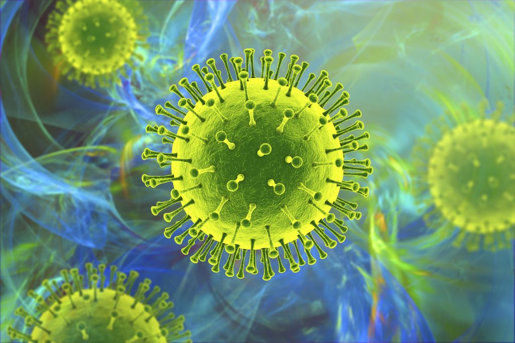 Human pathogenic virus, 3D illustration in greens and blues