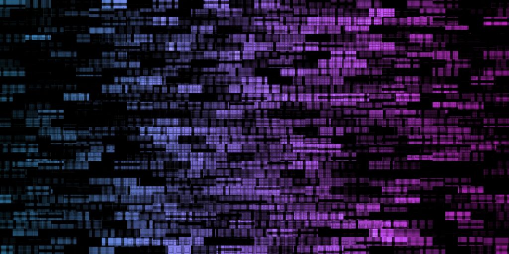 image of a sequenced genome, many short dashes rendered in blues and purples on a black background