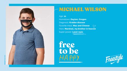 Graphic including photo, bio of Doernbecher Freestyle XVII patient-designer Michael Wilson. A boy in a blue shirt with short dark hair.