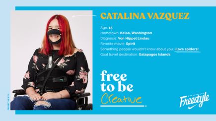 Graphic including photo, bio of Doernbecher Freestyle XVII patient-designer Catalina Vazquez. A girl with long red hair and a black shirt.