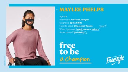 Graphic including photo, bio of Doernbecher Freestyle XVII patient-designer Maylee Phelps. A girl with dark hair pulled back and a pink shirt.