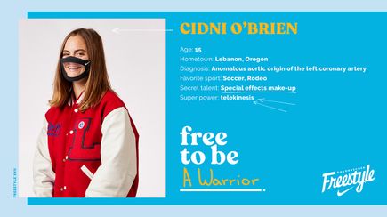 Graphic including photo, bio of Doernbecher Freestyle XVII patient-designer Cidni O'Brien. A girl with long brown hair and a red and white jacket.