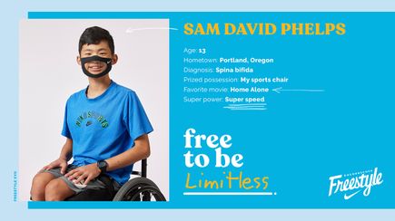 Graphic including photo, bio of Doernbecher Freestyle XVII patient-designer Sam David Phelps. A boy with short dark hair and a blue shirt.