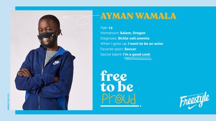 Graphic including photo, bio of Doernbecher Freestyle XVII patient-designer Ayman Wamala. A boy with short black hair and a blue shirt.