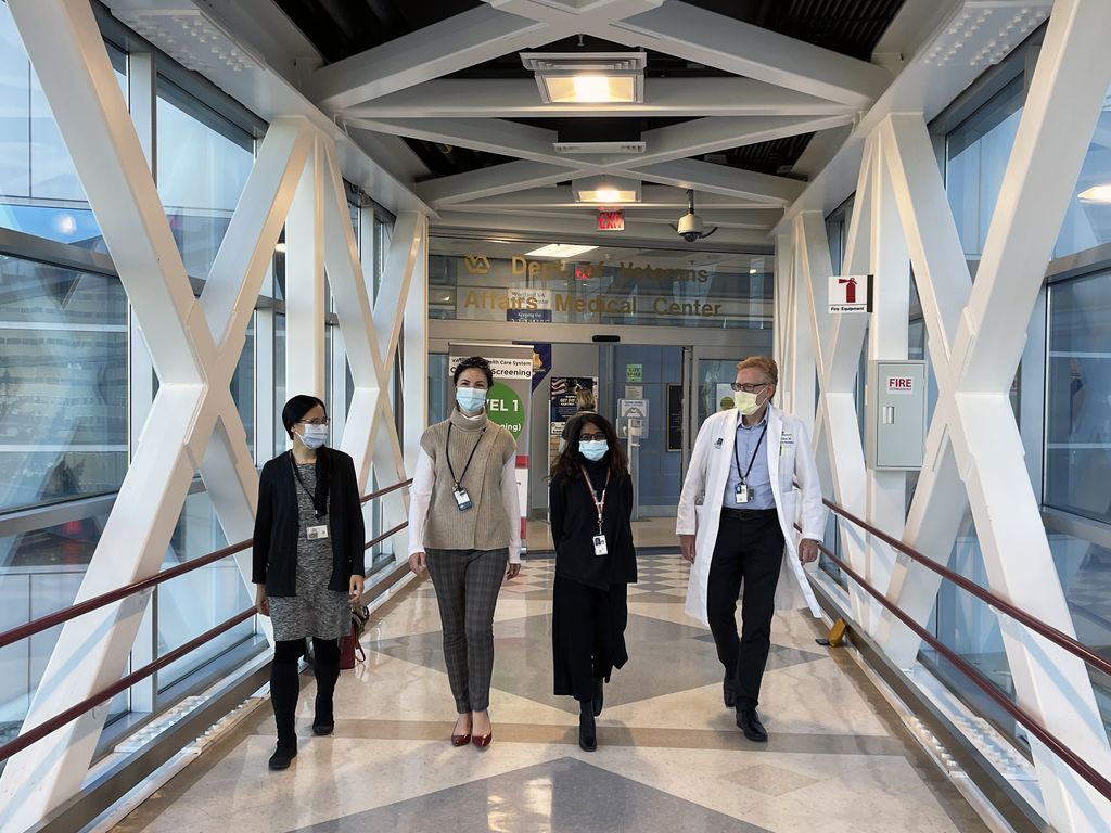 From left, Miranda Lim, M.D., Ph.D., associate professor of neurology, behavioral neuroscience and medicine, OHSU School of Medicine, affiliate scientist at OHSU’s Oregon Institute of Occupational Health Sciences, and a staff neurologist at the VA; Kathleen Carlson, Ph.D., M.S., associate professor of epidemiology, OHSU-PSU School of Public Health, and a core investigator at the VA; Sahana Misra, M.D., professor of psychiatry and associate dean for veterans affairs, OHSU School of Medicine, and chief of staff at the VA; and David M. Cohen, M.D., professor of medicine (nephrology and hypertension) and cell, developmental and cancer biology, OHSU School of Medicine, and associate chief of staff for research and development at the VA. 