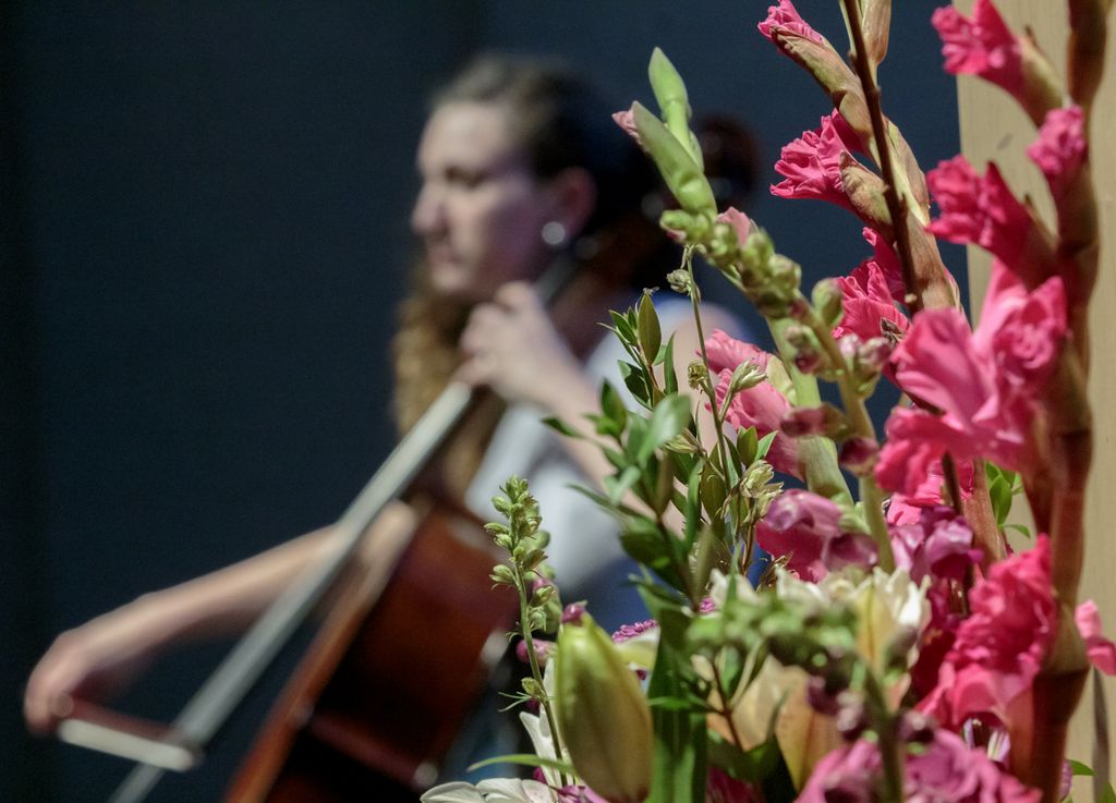 Body donation memorial, a woman playing violin among pink flowers at a service. (OHSU)