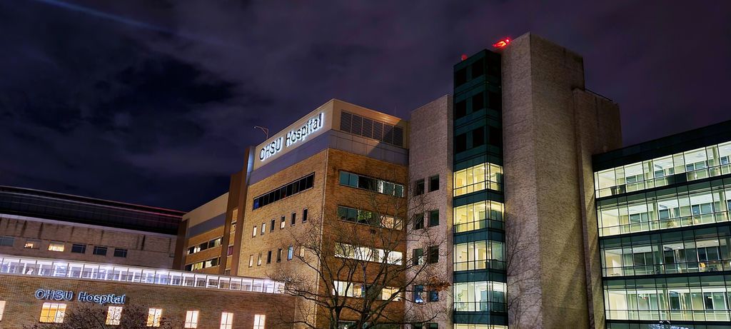 Light glows against a dark autumn night at the OHSU campus on Marquam Hill in Portland on Tues., Nov. 9, 2021. (OHSU/Christine Torres Hicks)
