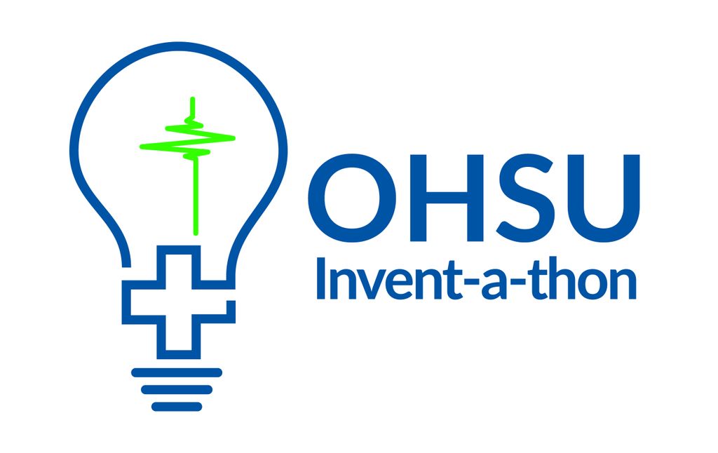 Logo for OHSU's Invent-a-thon, featuring a digital line drawing of a lightbulb with embedded medical imagery (first aid cross in the base of the bulb, vertical heart monitor reading as the filament)