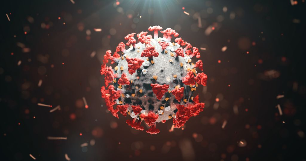 Scientific illustration of the COVID-19 virus (Sars-Cov-2), a round ball with red spiky 'coronas'