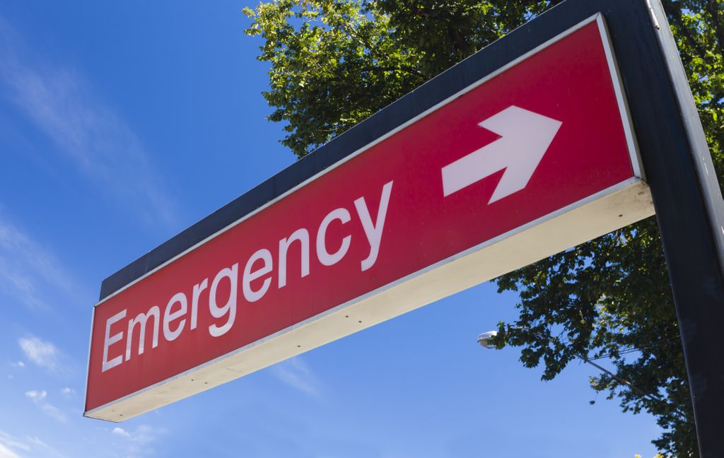 Emergency room sign at hospital shown with blue sky and a tree in the background