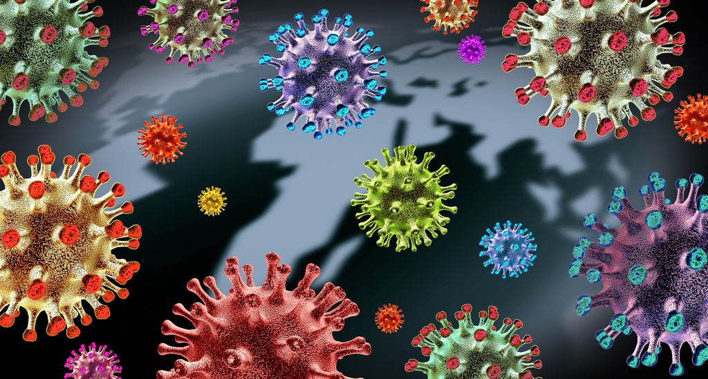 3d illustrated COVID-19 virus variants over a world map