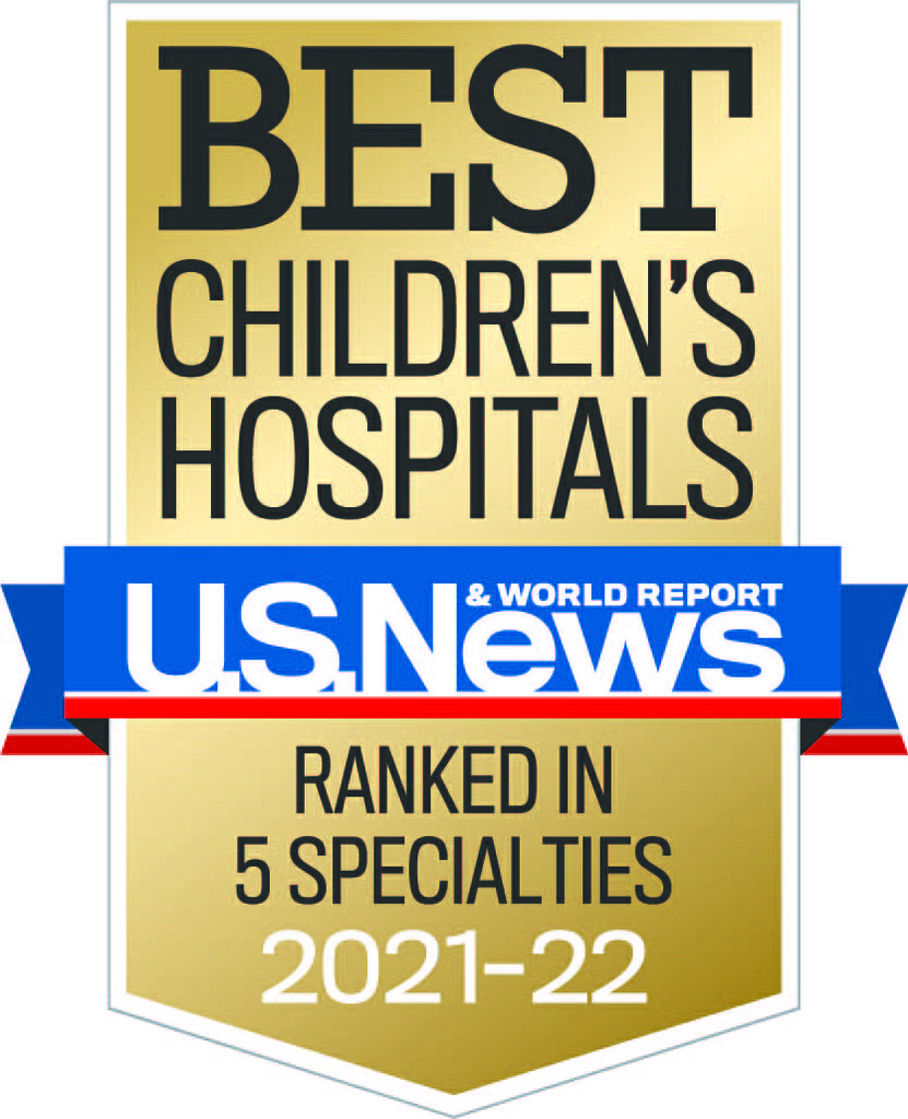 USNWR Best Children's Hospitals badge: a gold-colored placket reading "best children's hospitals, ranked in 5 specialties 2021-22", with a blue and red ribbon across the middle reading 'U.S.News&World Report'