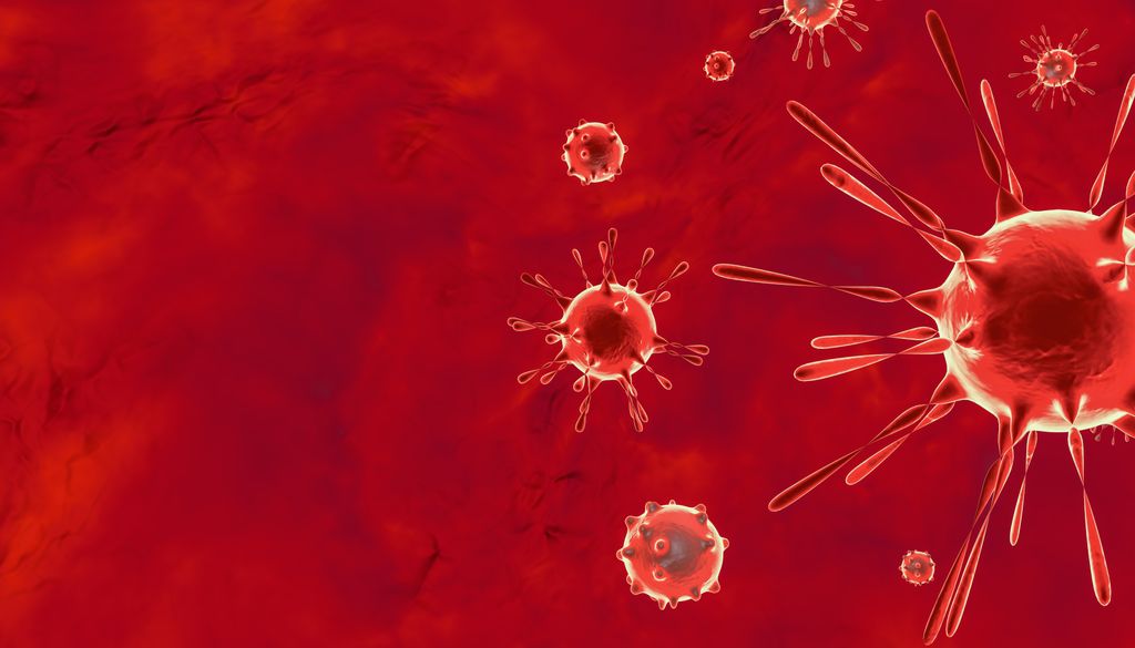 digital illustration of the COVID-19 delta variant in red (several spiky balls)
