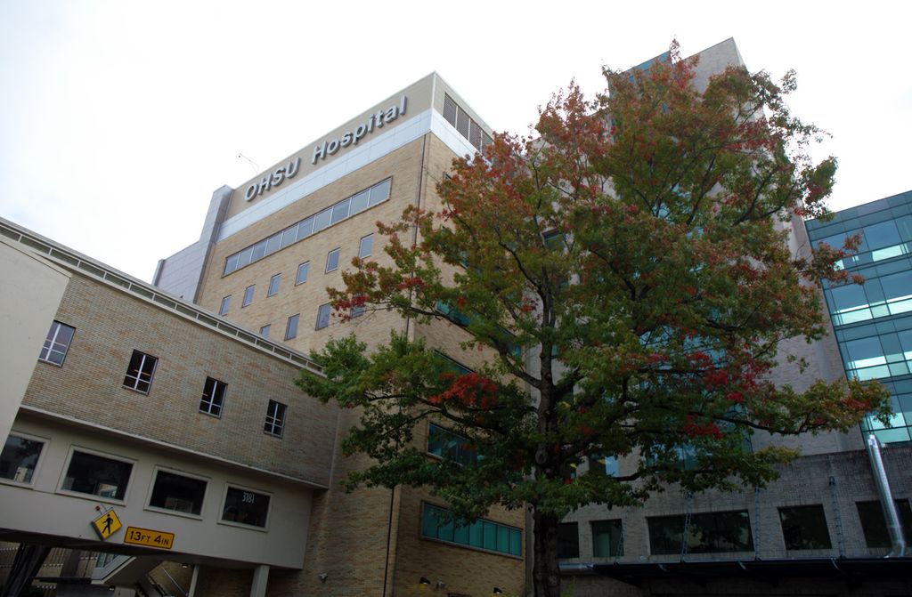 The exterior of OHSU on a gray autumn day.